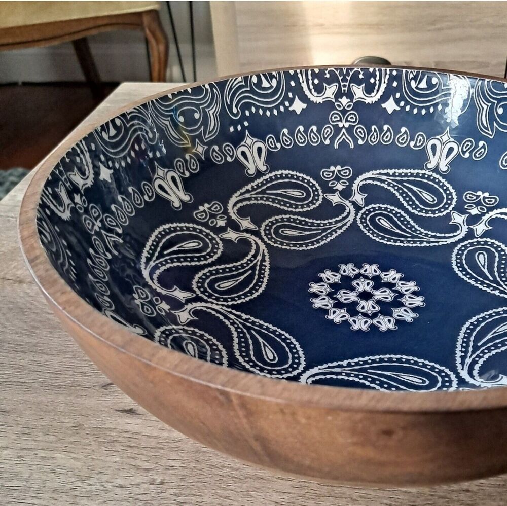 Levi’s x Target Blue BANDANA Enameled MANGO Wood Lg Serving BOWL 11" Diameter